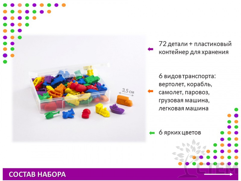 Материал счетный фигурки "Транспорт" (72 шт., 6 видов, 6 цветов)